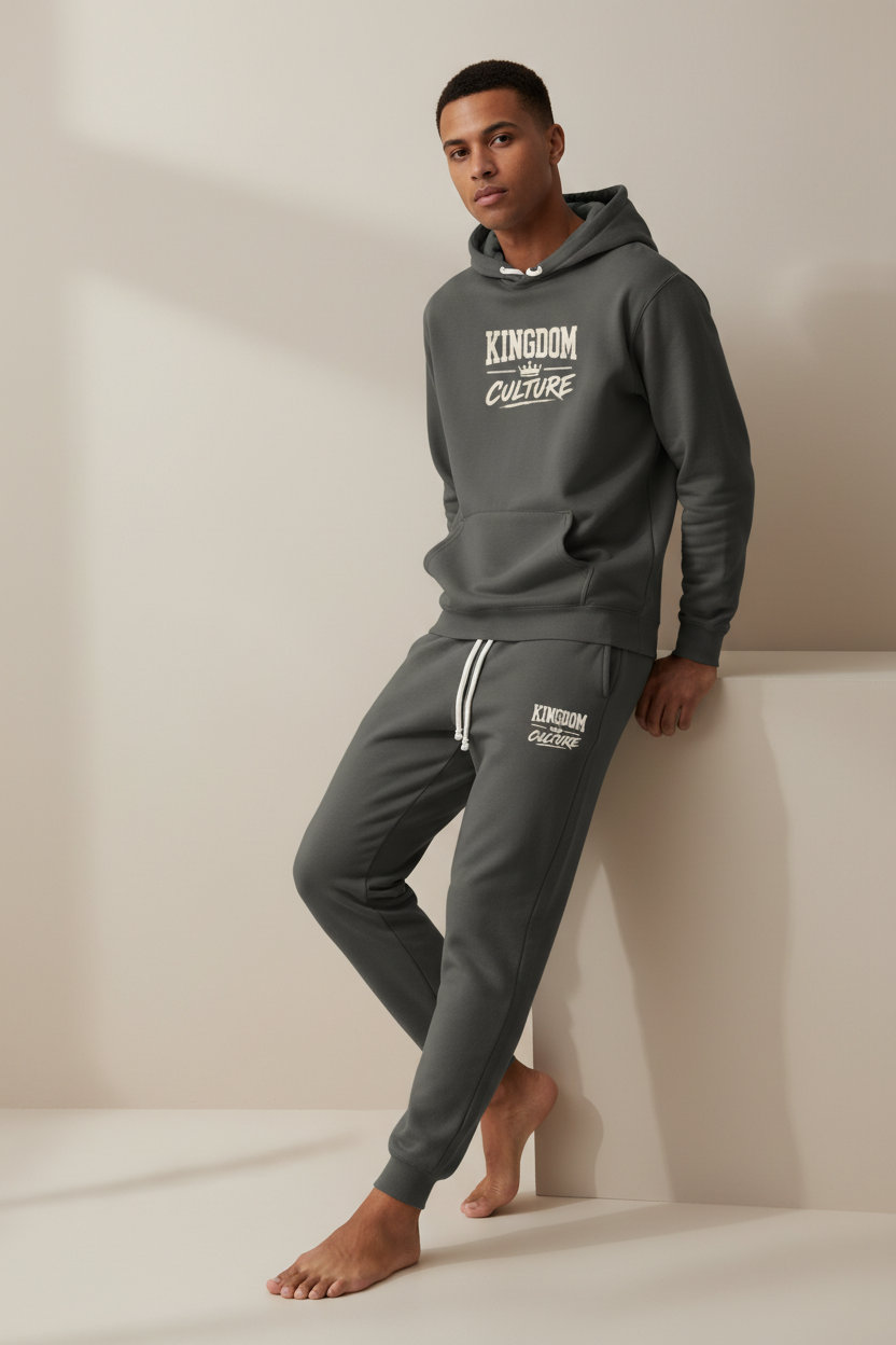 Model wearing the JIK Kingdom Culture hoodie and sweatpants