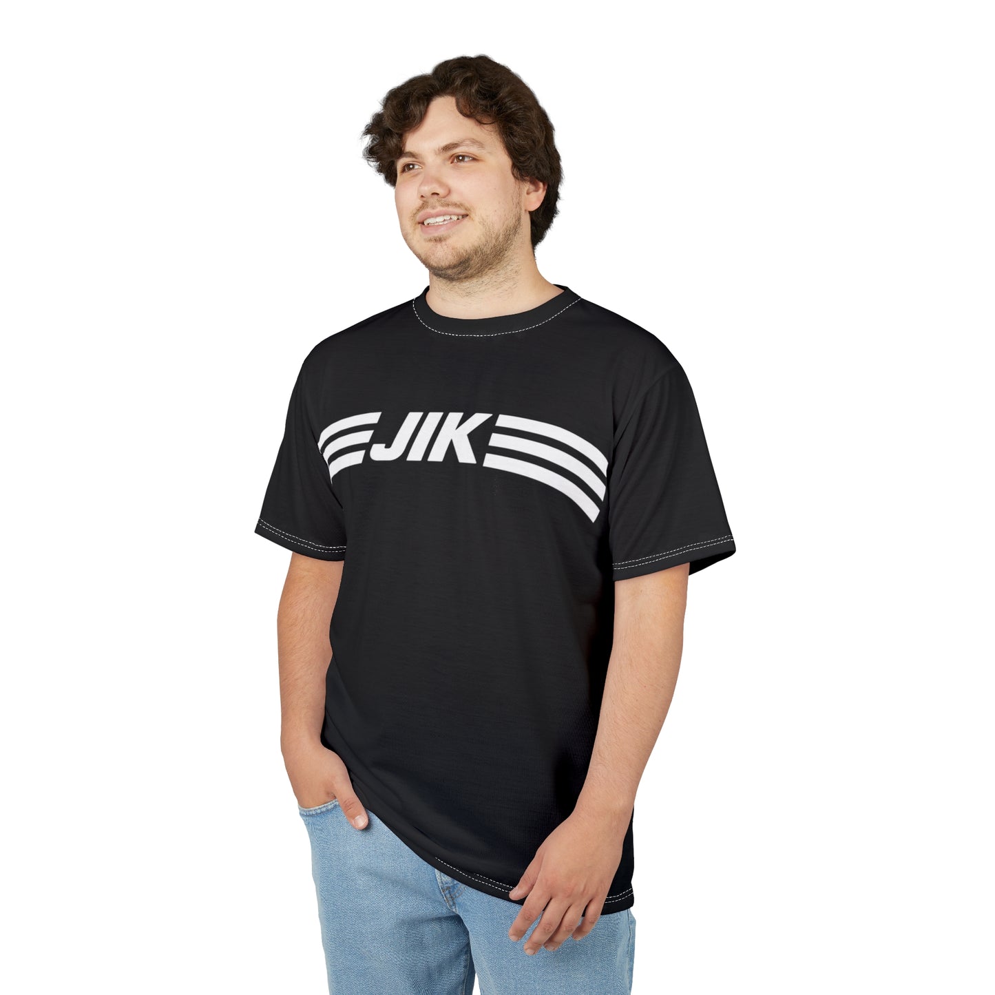 JIK Striped Logo Tee — Retro Athletic Black T‑Shirt