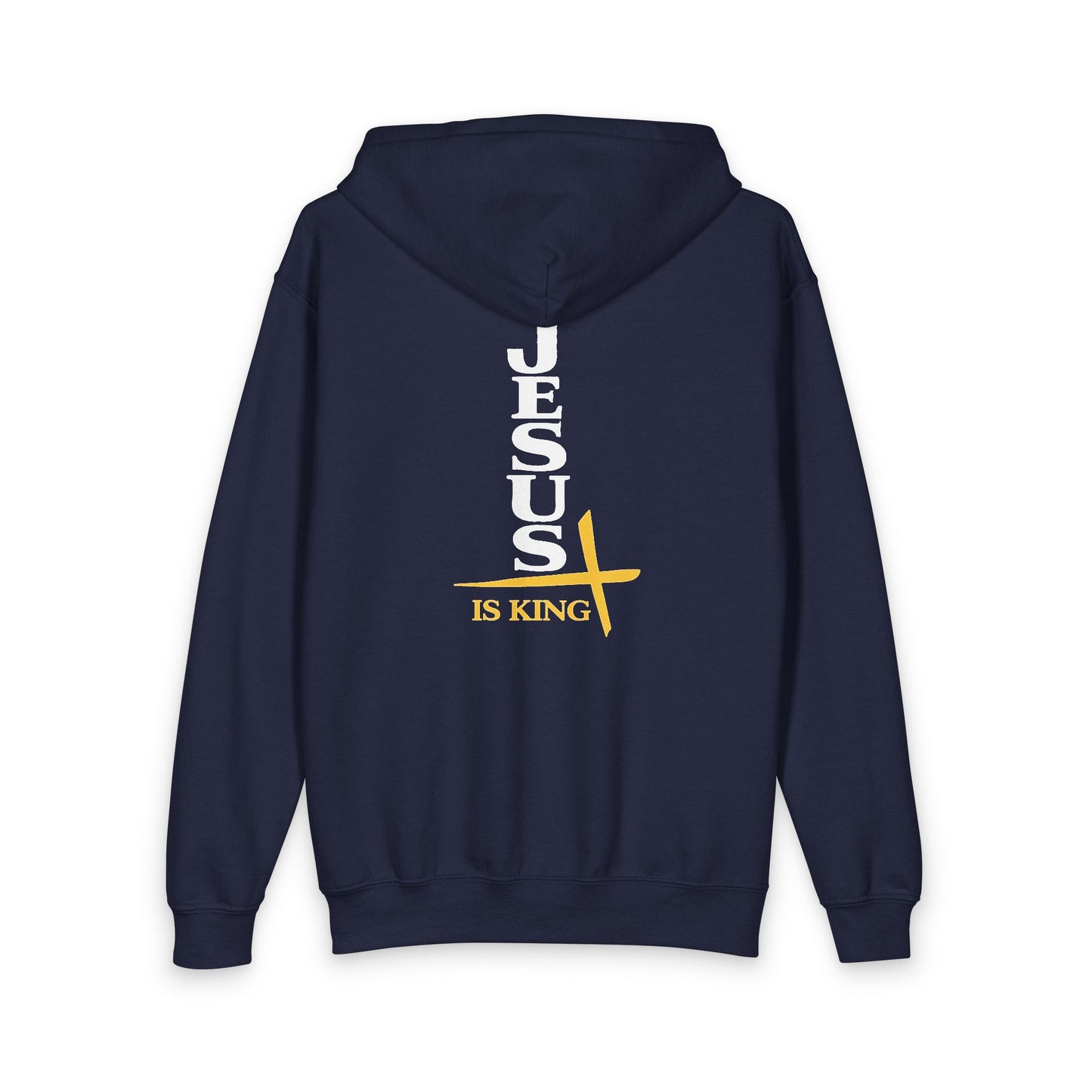 Youth Zip Hoodie — "Jesus Is King" Vertical Cross Design