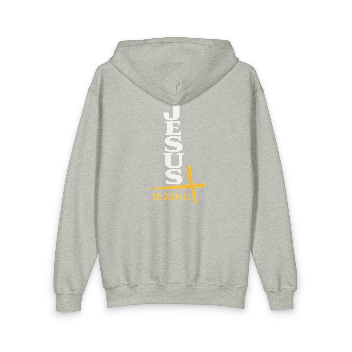 Youth Zip Hoodie — "Jesus Is King" Vertical Cross Design