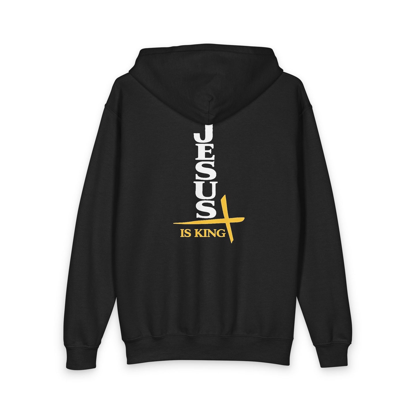 Youth Zip Hoodie — "Jesus Is King" Vertical Cross Design