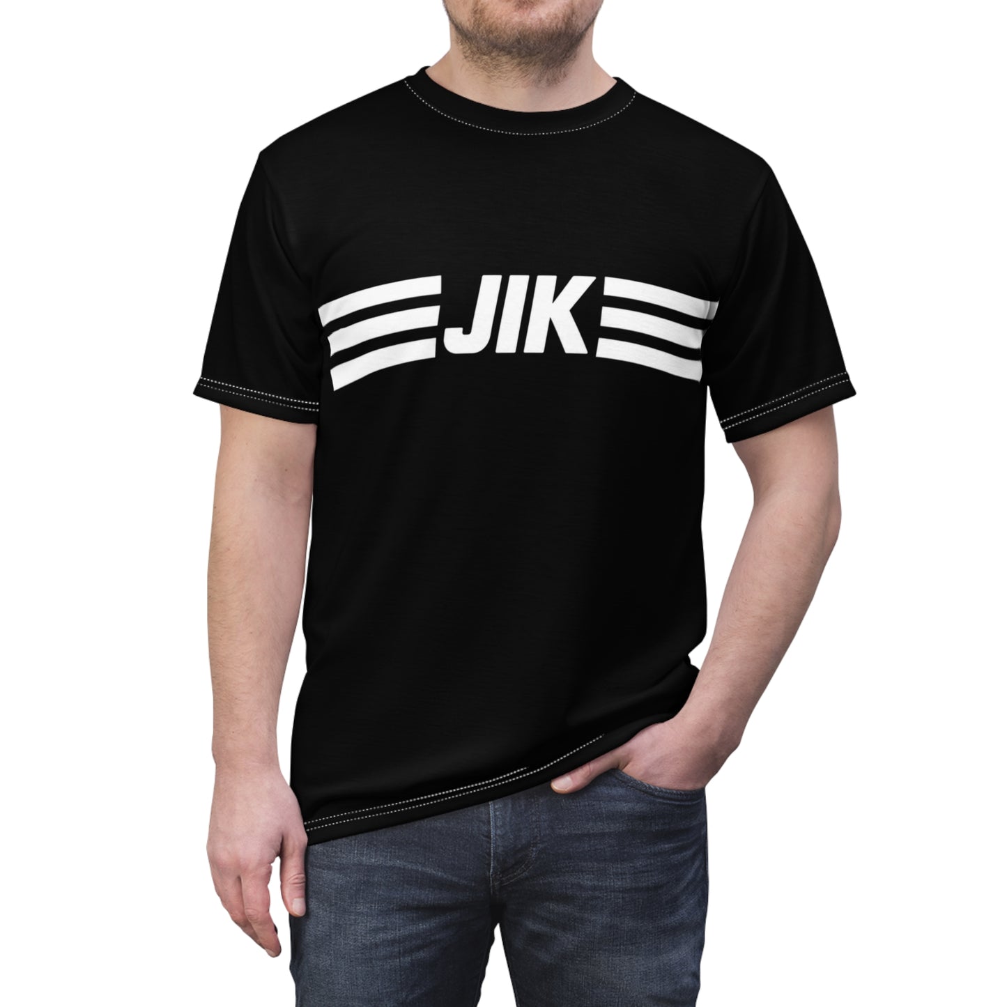 JIK Striped Logo Tee — Retro Athletic Black T‑Shirt